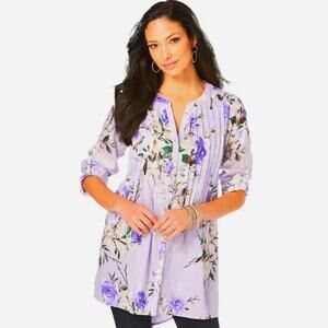 Roaman's Top Womens 24W Tunic Blouse Pintuck Button Lilac Purple Floral Spring